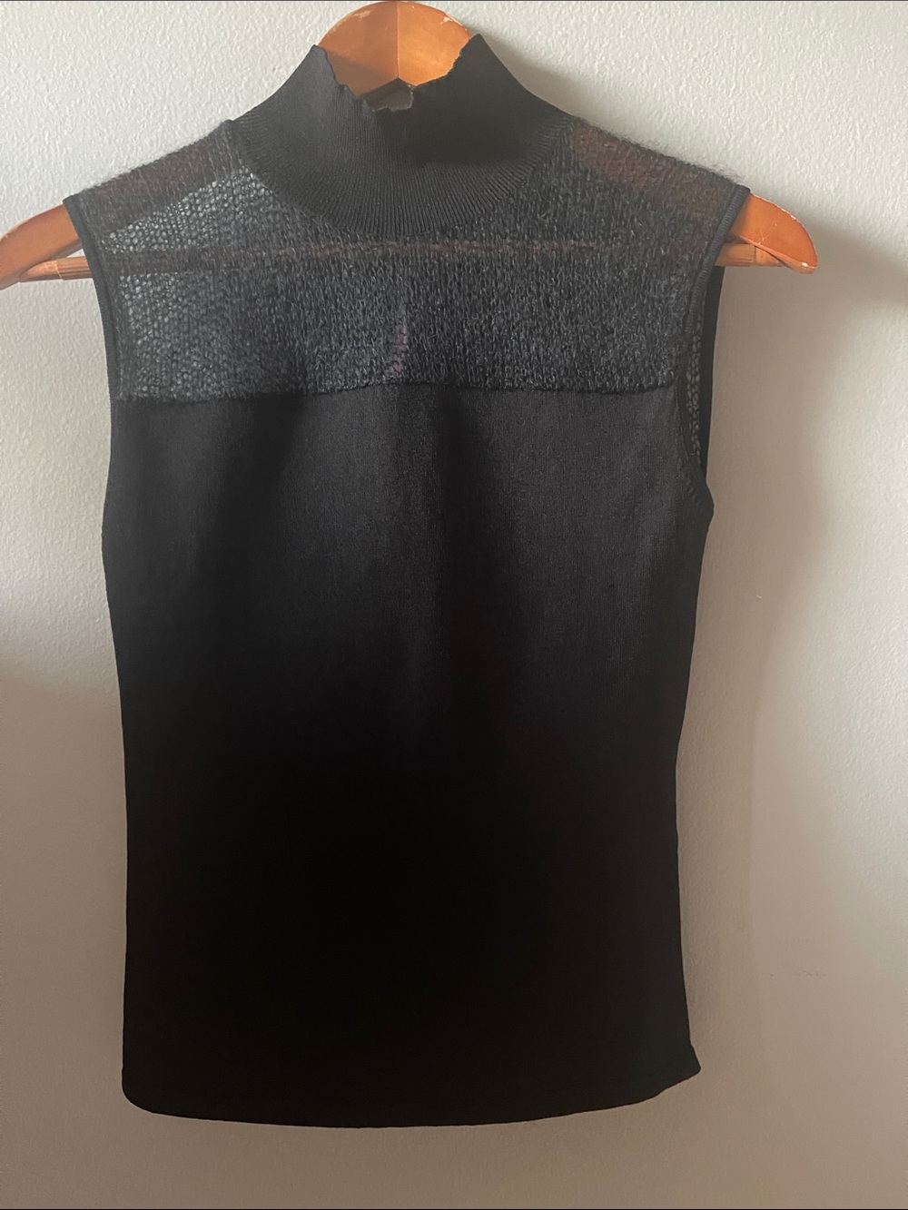 Black Sleeveless Mock Neck Top with Sheer Knit Yoke front and back Italy